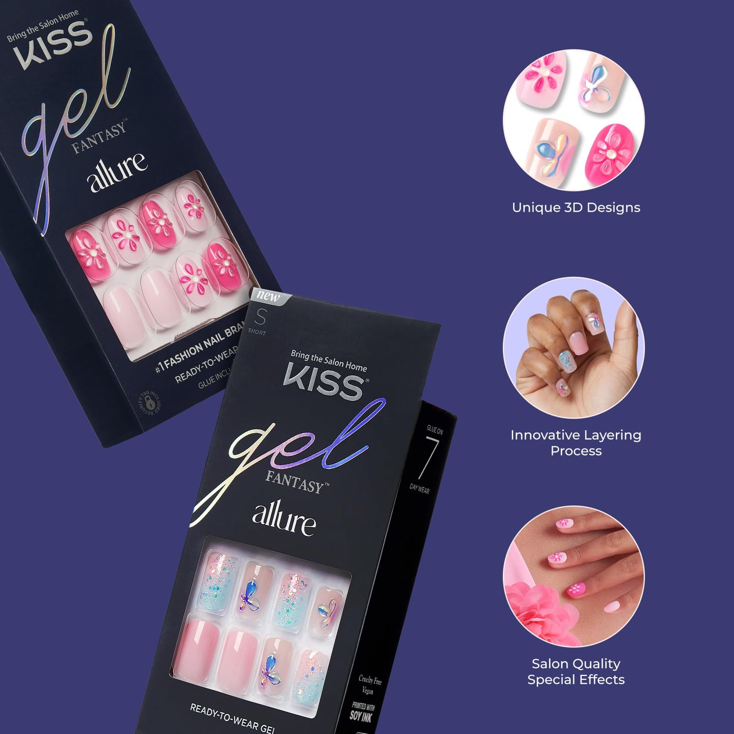 KISS Gel Fantasy Allure Press On Nails, Ready to Wear, 3D Design, Waterproof, Pink Gel Nail Glue 0.07 Oz. (2g), Manicure Stick & Mini File, 28 Count Beauty & Personal Care KISS