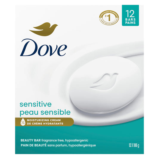 Dove Beauty Bar Soap 12 Bars Sensitive, for Sensitive Skin, Fragrance Free and Hypoallergenic 3.75 oz