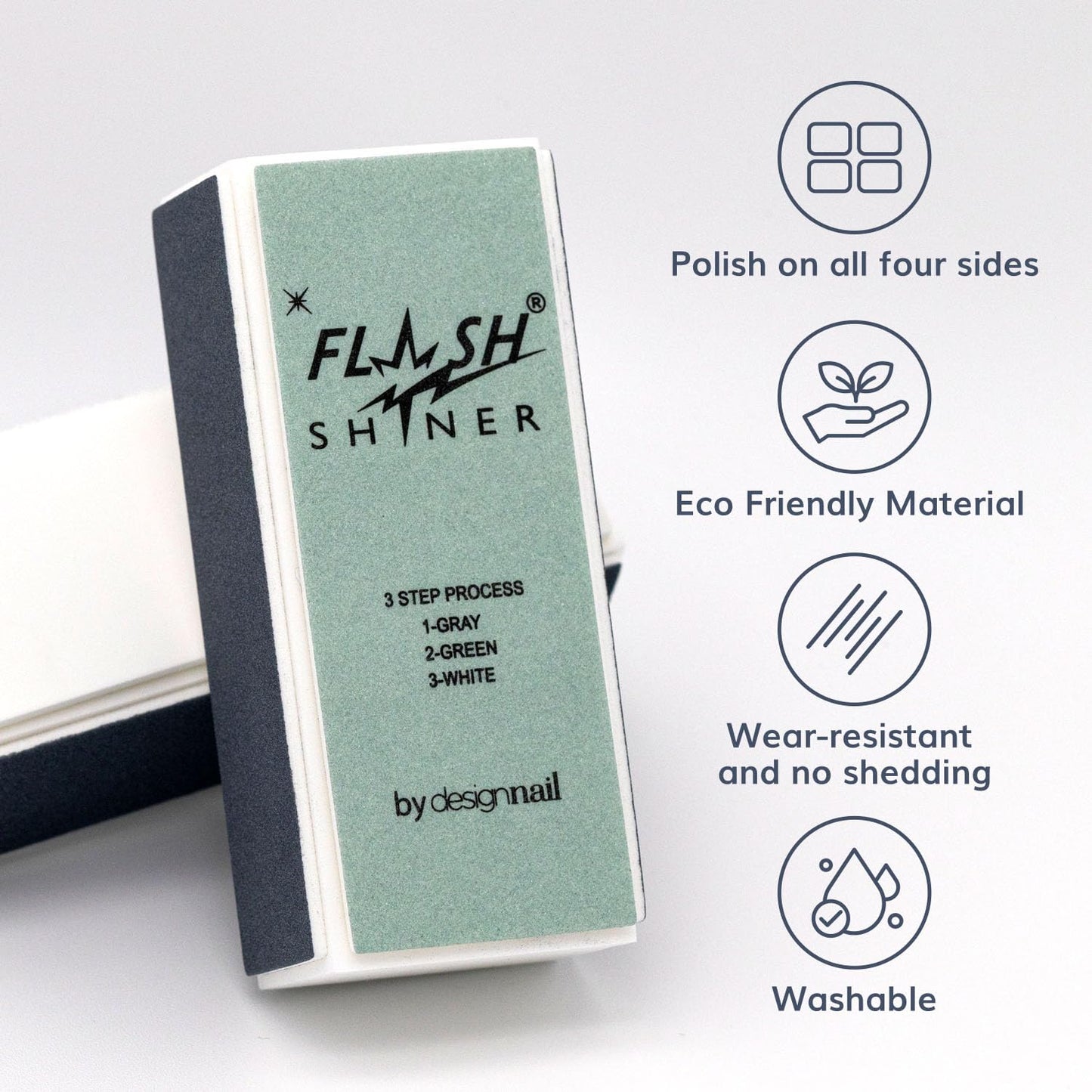Flash Shiner® Block - 3-Way Nail Buffer (Gray/Black, Green & White) - Professional Nail Buffer for Natural Shine - Smooths, Conditions & Polishes
