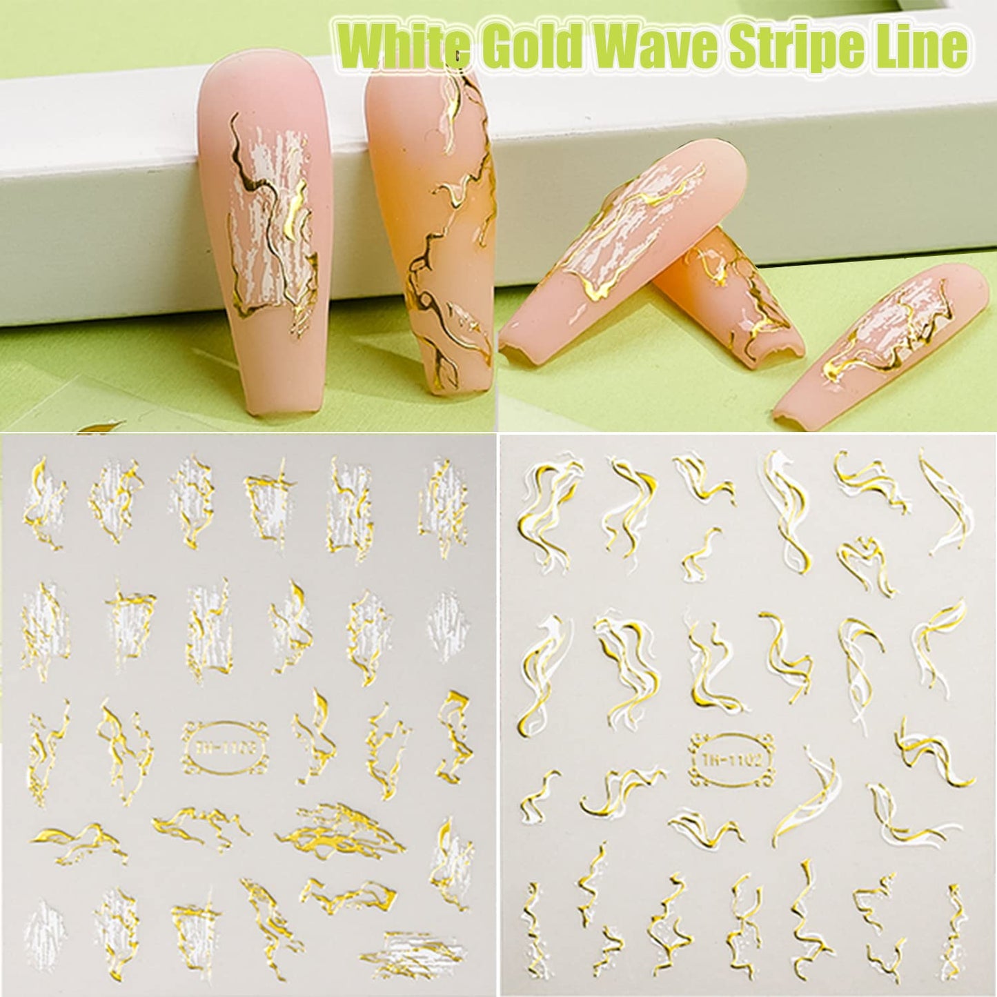 12 Sheets Graffiti Nail Art Stickers 3D White Black Gold Stripe Line Nail Decals Self-Adhesive Abstract Marble Wave Flower Leaf Stickers for Nail DIY