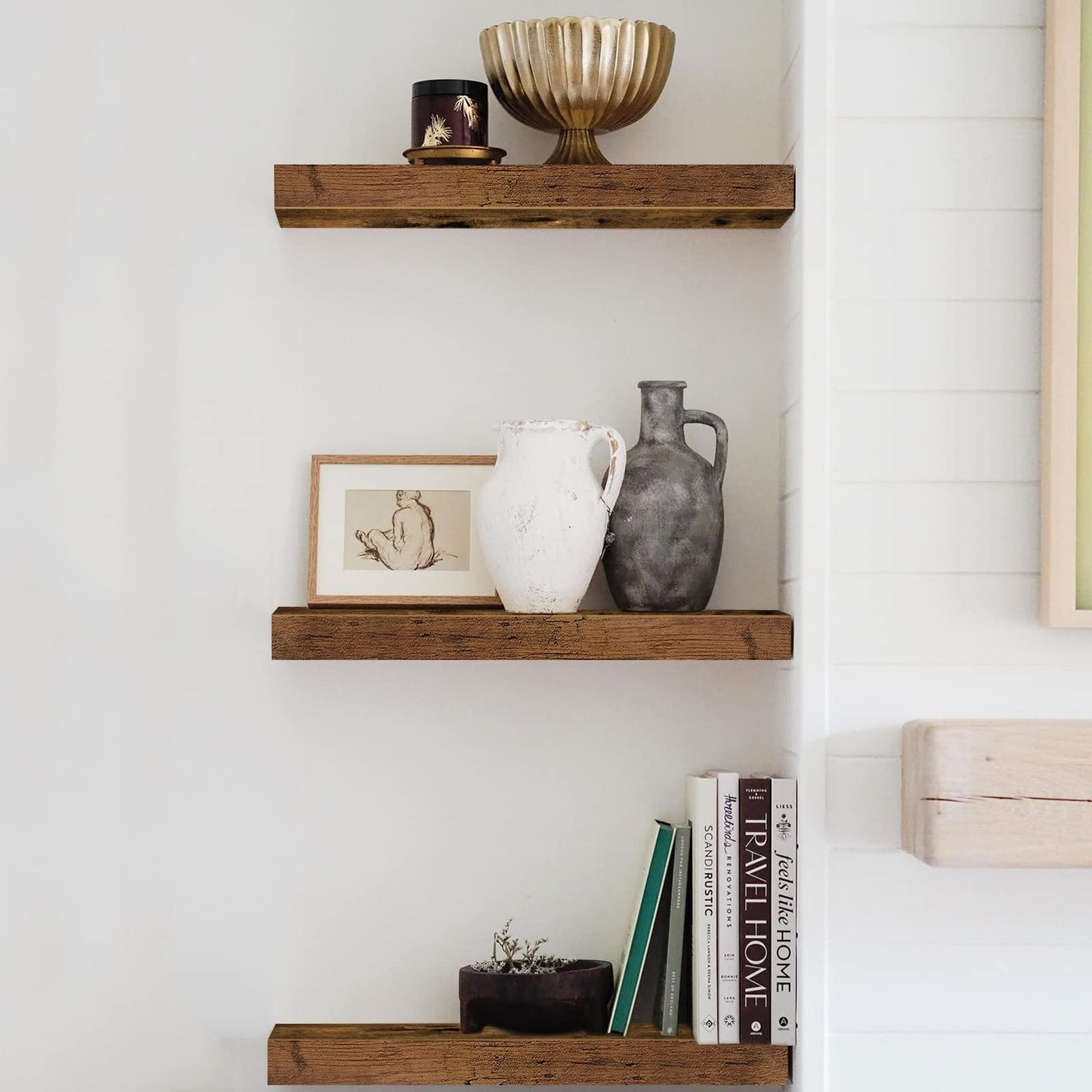 QEEIG Floating Wall Shelves – 16" Rustic Brown Set of 3 for Bathroom, Bedroom, Kitchen, Living Room & Farmhouse Decor