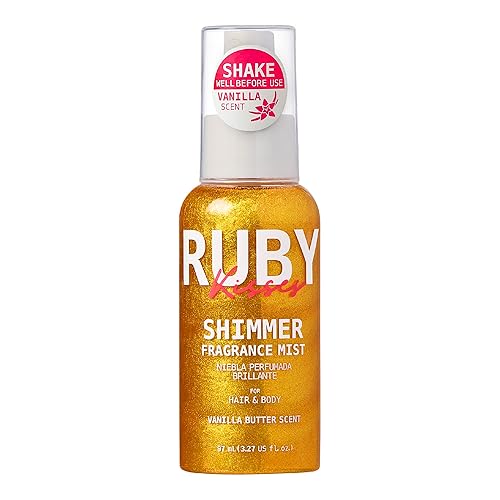 Ruby Kisses Shimmer Fragrance Body and Hair Mist Spray, Vanilla Glitter Body Perfume Spray, Skin Perfume, Liquid Illuminator Highlighter for Skin