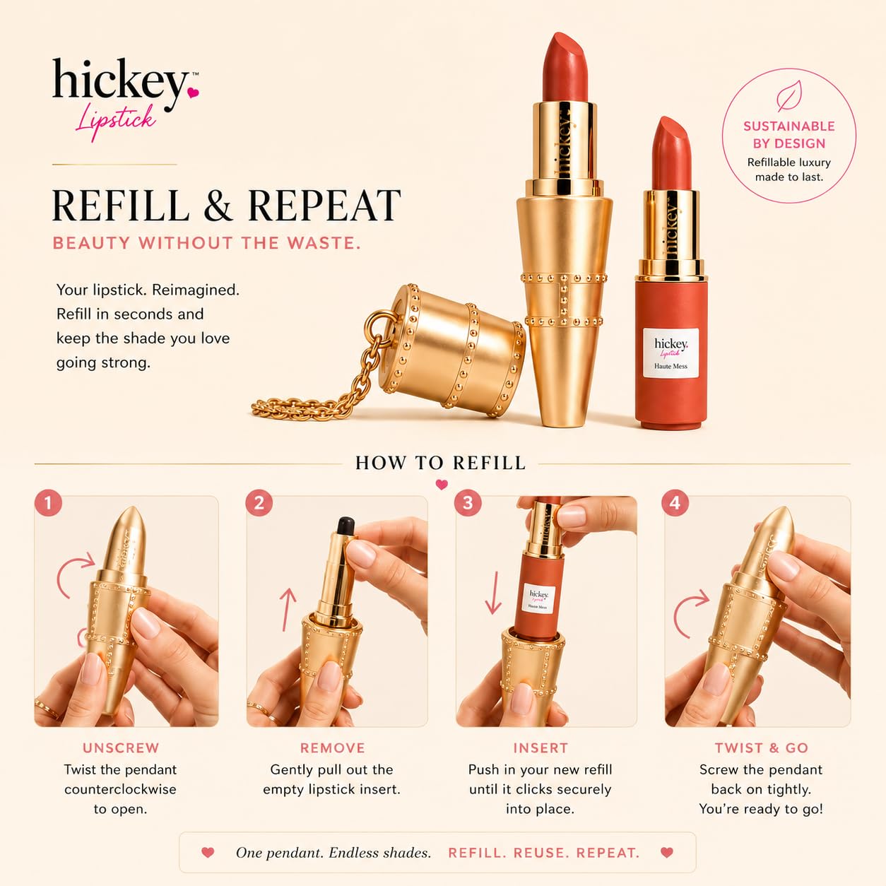 Hickey Refillable Pendant Lipstick, Haute Mess[Terracotta] - Wearable Satin Lip Color on a Chain, Refillable Clean Beauty, Full Lipstick Included