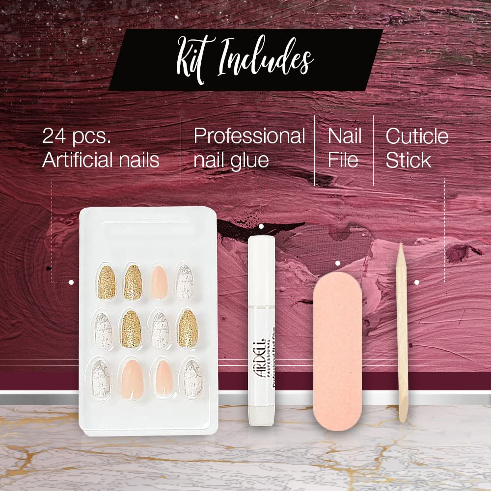 Ardell Nail Addict Premium Press On Nails - Pink Marble & Gold, Almond Fake Nails, 24-Pc Nail Extensions with Glue, Nail File & Cuticle Stick Beauty & Personal Care Ardell