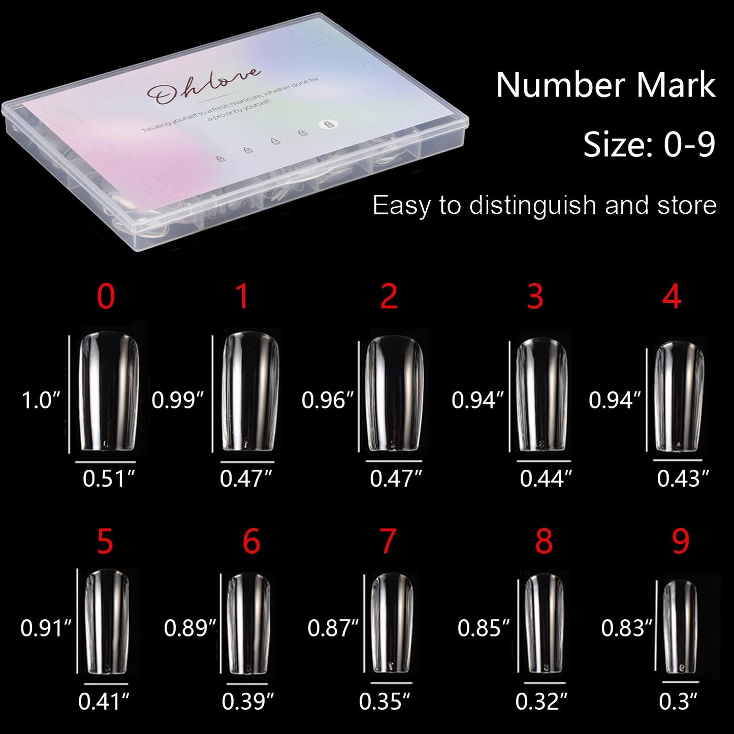 500Pcs Square Nail Tips Full Cover Clear Fake Nail Tips for Acrylic Nails, Size 0~9