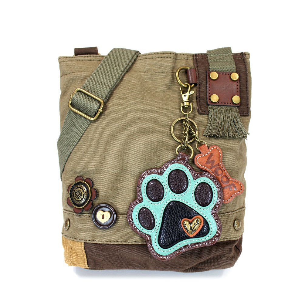 Chala Canvas Crossbody Messenger handBags with Keyfob/Coin Purse - (Green Paw) (Olive -Teal Paw)