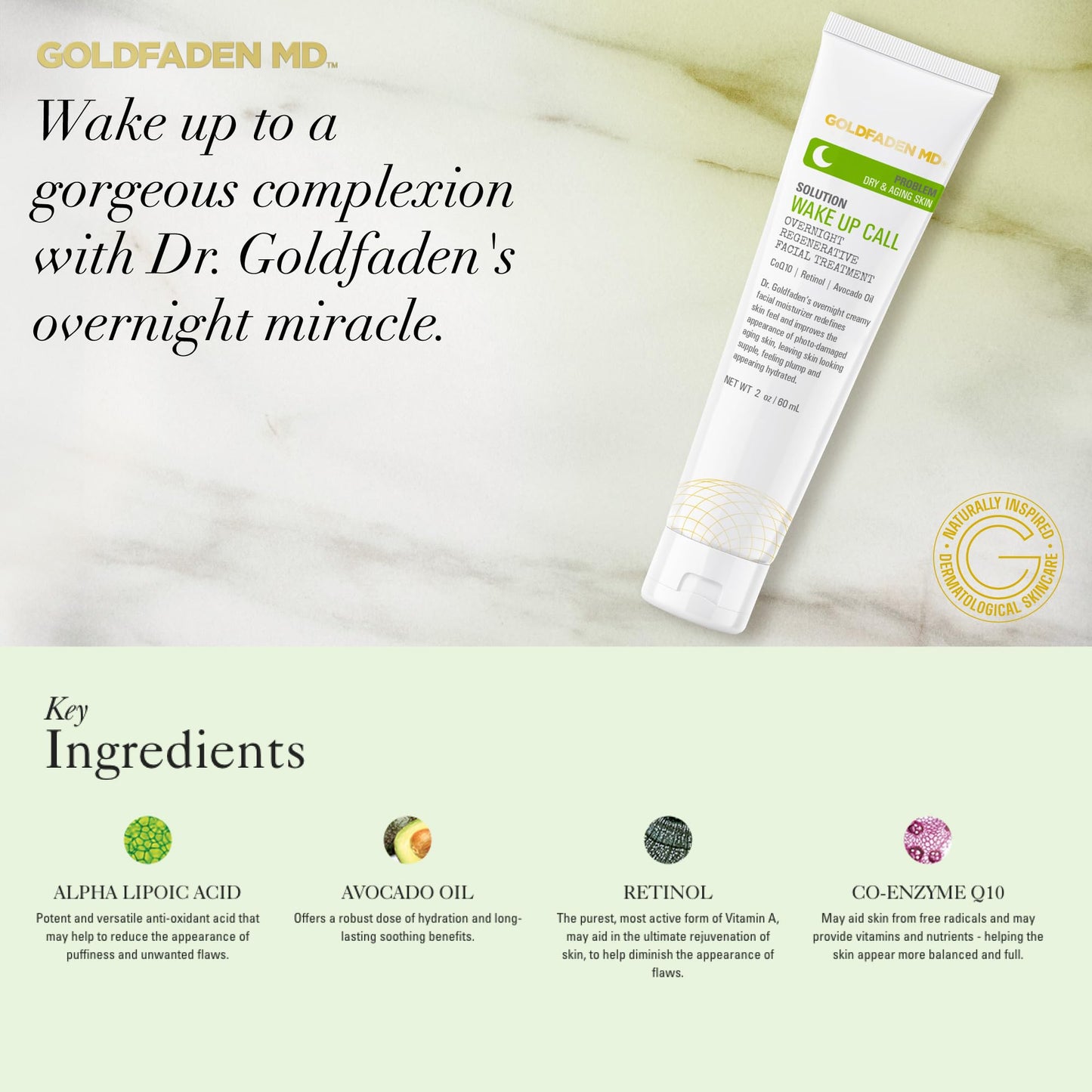 Dr. Goldfadens Wake Up Call Night Facial Moisturizer Night Cream for Dry & Aging Skin | w/Alpha Lipoic Acid, Avocado Oil Retinol, Co-enzyme Q10 2.0 Fl