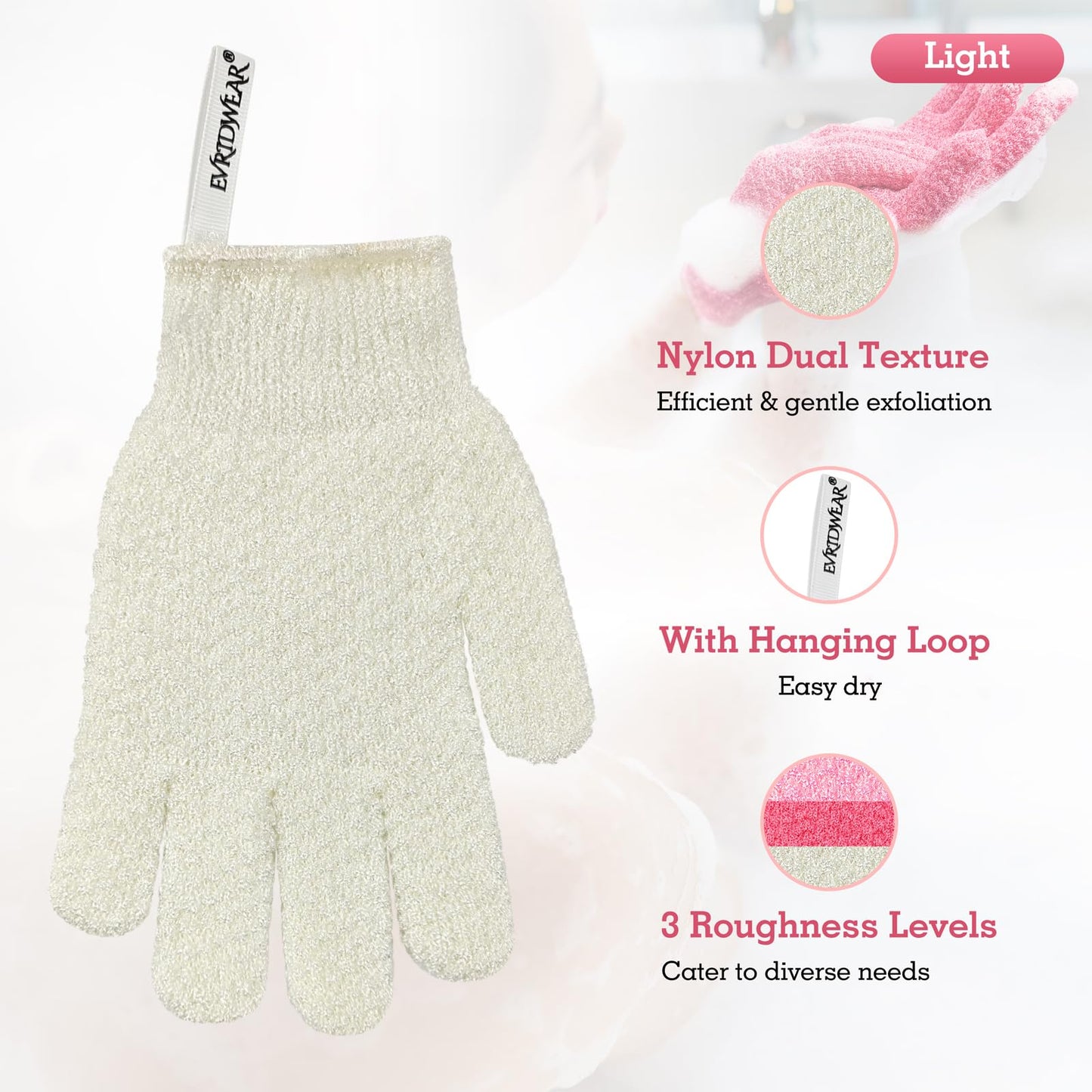 Evridwear Exfoliating Gloves for Shower, 100% Nylon Thick Soft Medium Heavy Bathing Gloves Dead Skin Remover Body Scrubber Smooth Skin with Hang Loop