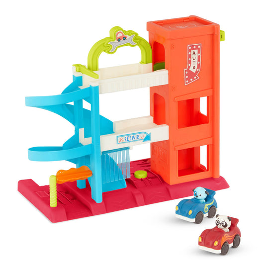 B. toys – Bingo’s Garage – Vehicle Playset Car Garage with Spiral Ramp – Working Elevator with 2 Toy Cars – 3 floor playset – 18+ Months