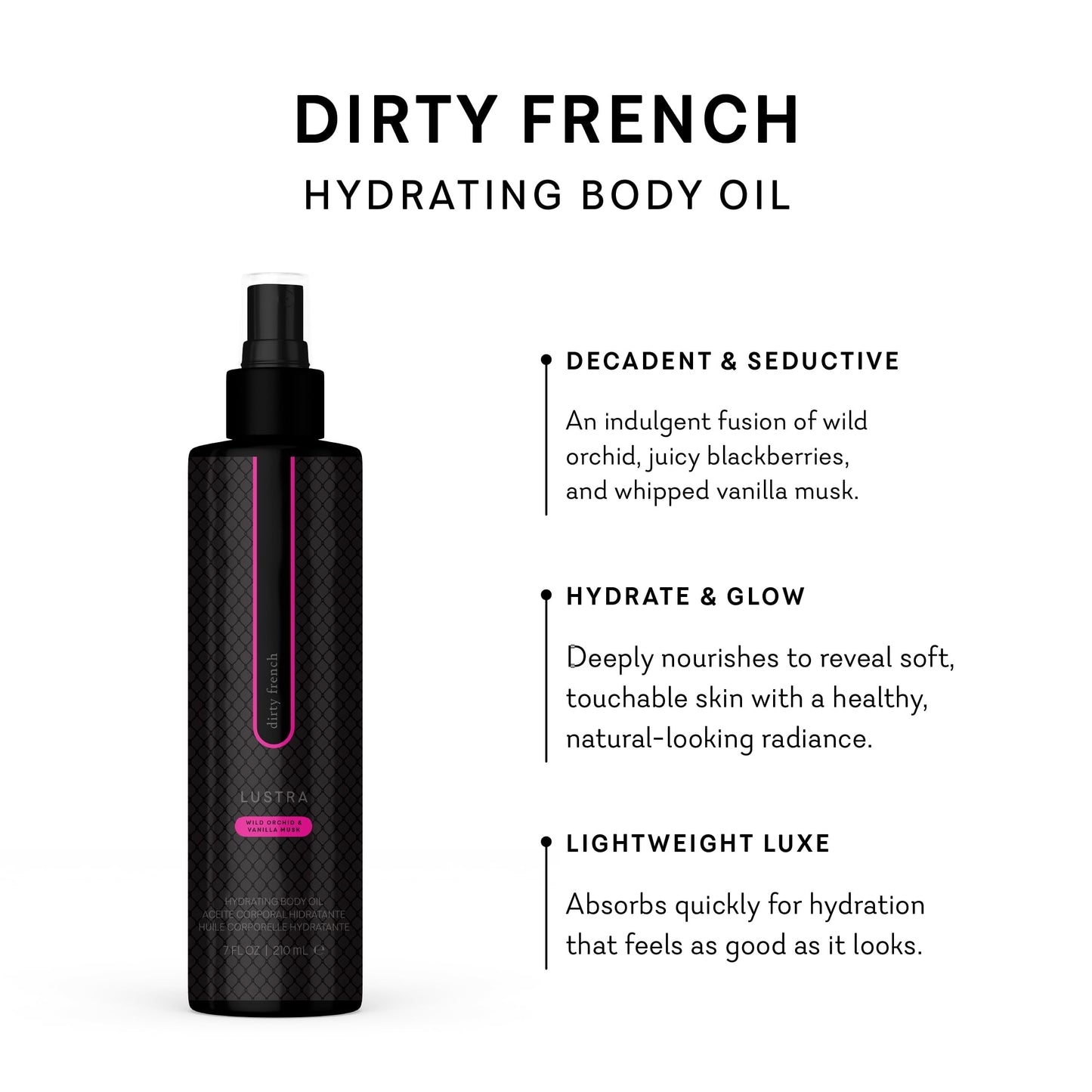Pure Romance Lustra Hydrating Body Oil, Dirty French Scent, 7 fl oz, Coconut Jojoba Avocado Oils for Moisturized Skin
