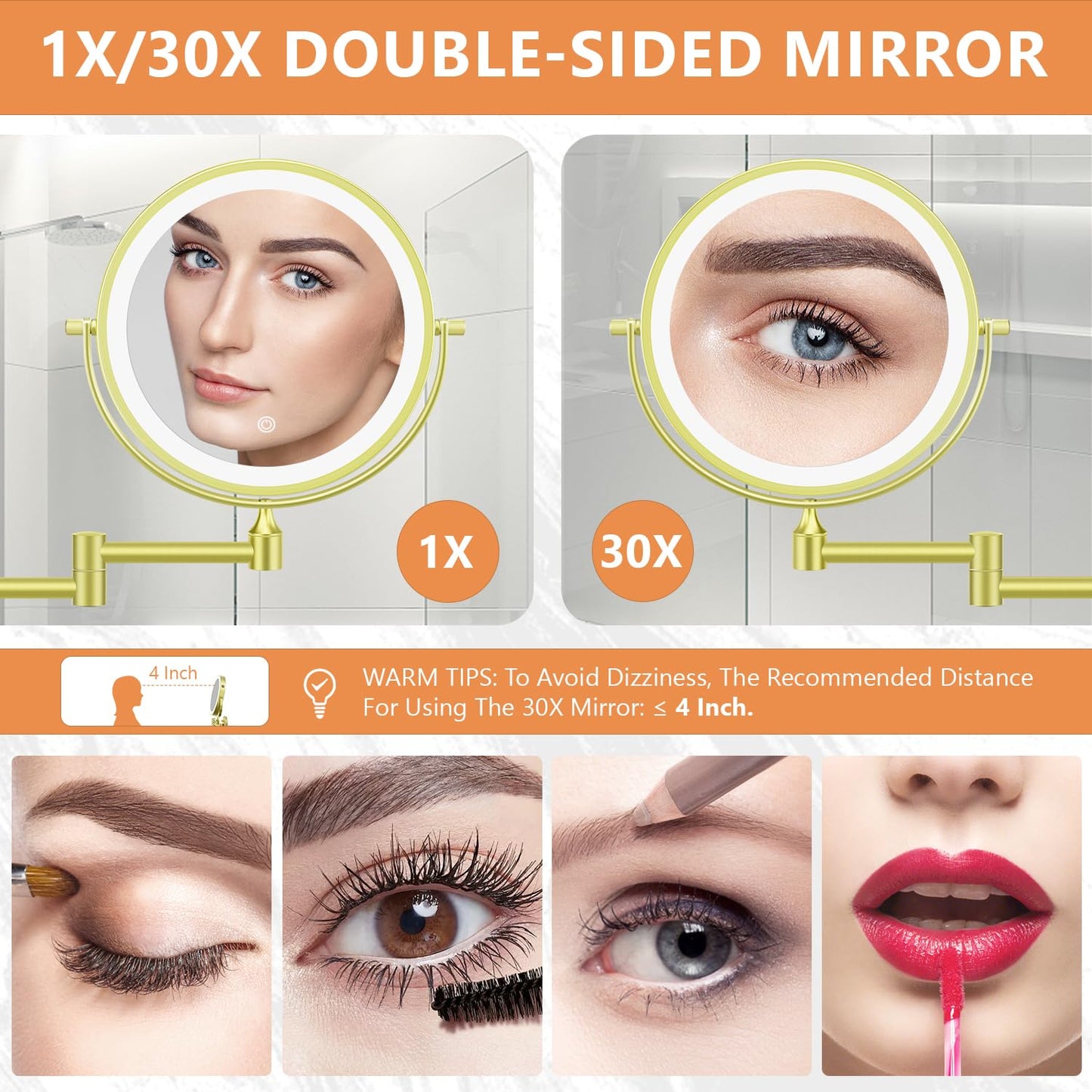 Auxmir 1X/30X Wall Mounted Makeup Mirror with Light, 8" Rechargeable Double-Sided Magnifying Mirror, Vanity Mirror Dimmable 3 Color Light, 360° Beauty and Personal Care Auxmir