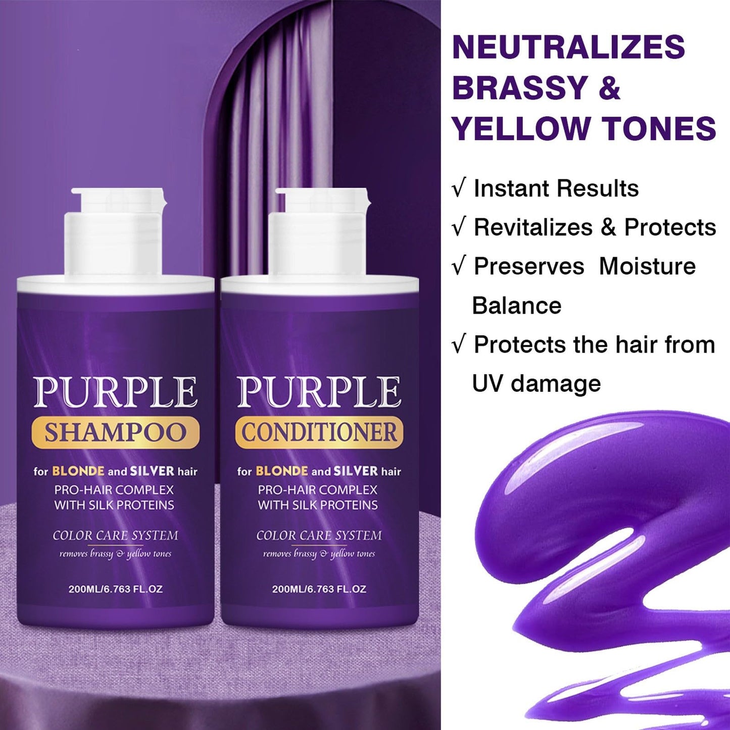 Purple Shampoo and Conditioner Set, Purple Toning Shampoo & Conditioner for Blonde, Bleached, Silver, Gray Hair, Color Treated Hair, Removes Yellow