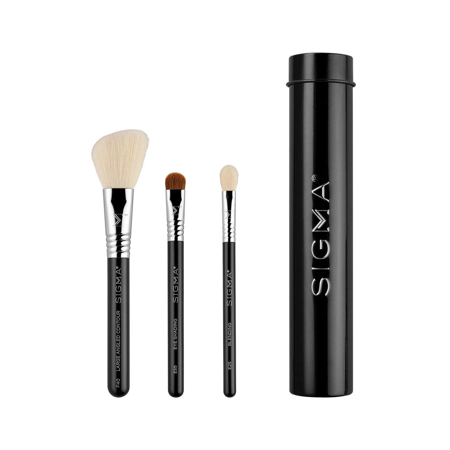 Sigma Beauty Travel Essential Trio - Makeup Brush Set for Foundation Powder Eyeshadow - 3 Tool Brushes with Brush Tin Holder - Skin Safe, Vegan Makeup