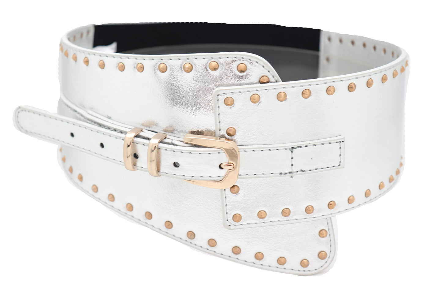 Women Wide Western Fashion Belt Hip Waist Silver Faux Leather Gold Metal Studs XS S