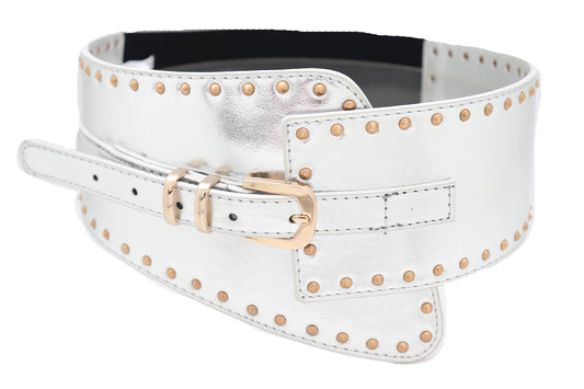 Women Wide Western Fashion Belt Hip Waist Silver Faux Leather Gold Metal Studs XS S