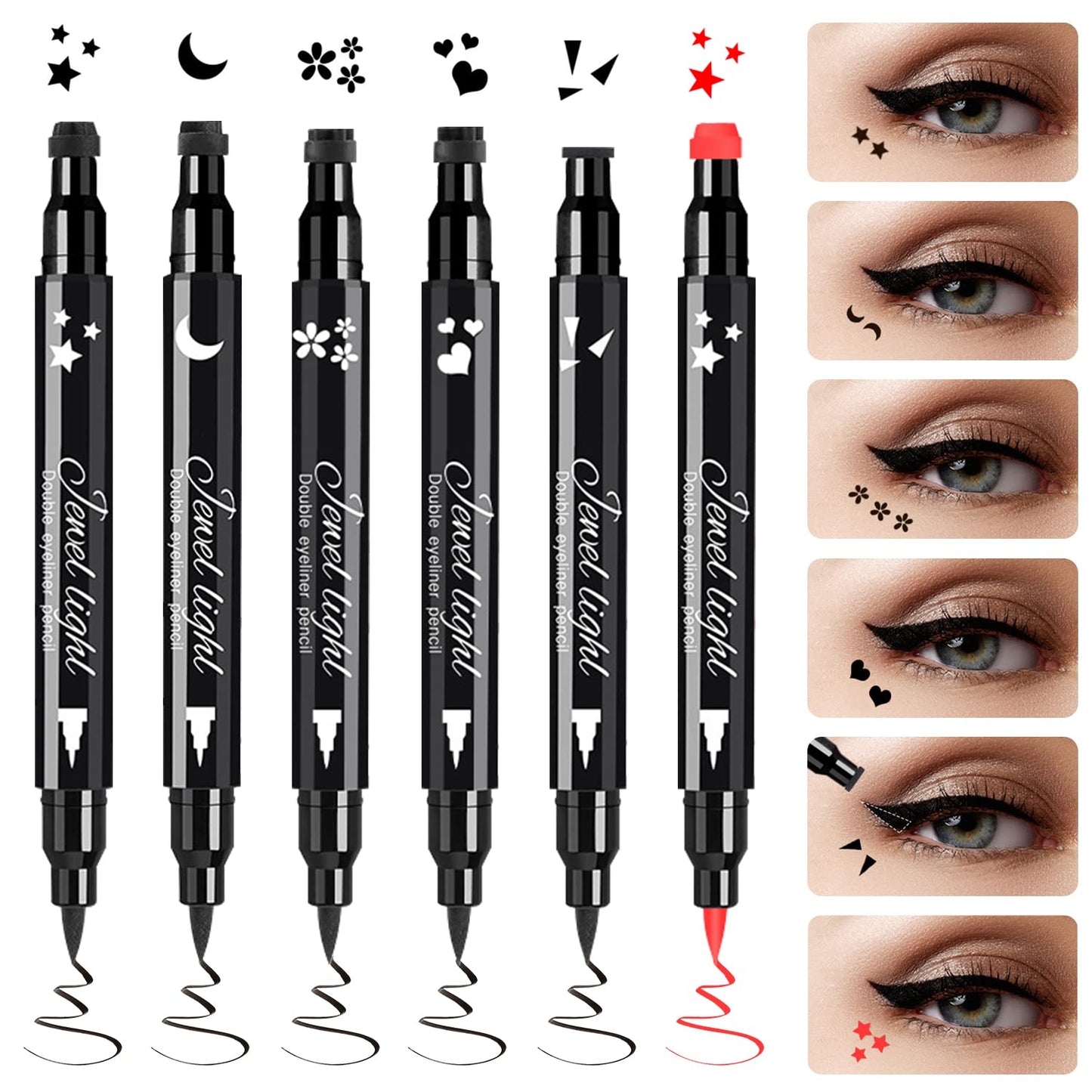 Pinkiou 6Pcs Eyeliner Stamp Pen Set, Long-lasting Eye Liner Pencil for Eye Makeup,Waterproof Double-Sided Liquid Eyeliner Stamp Pen Set