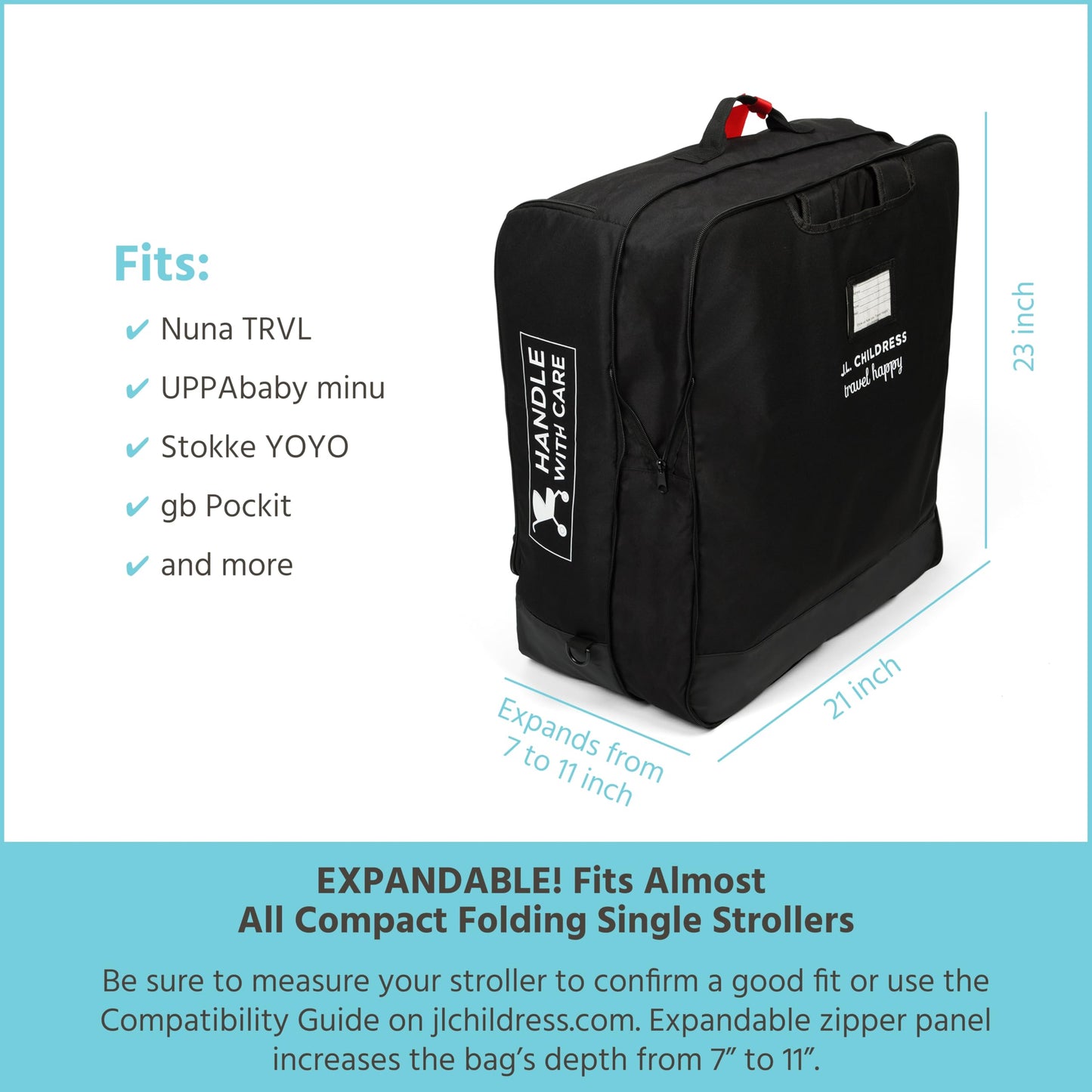 J.L. Childress Compact Travel Stroller Bag for Airplane - Fits Most Compact-Fold Single Baby Strollers, Compatible with UPPAbaby MINU, GB Pockit,…