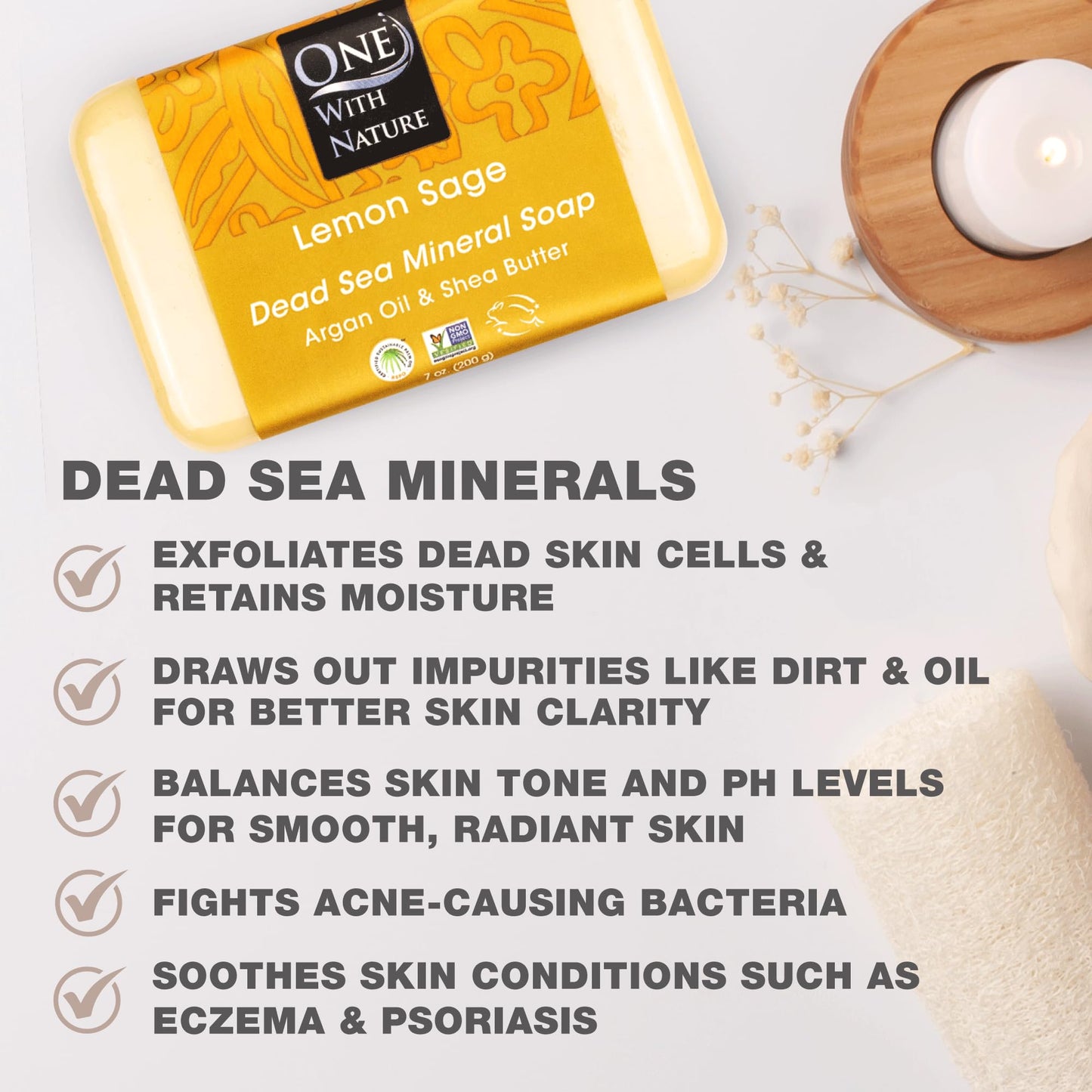 One With Nature Dead Sea Salt Lemon Sage Soap 7oz 3-Pack - Purifying and Exfoliating Soap Bar with Dead Sea Minerals for Face & Body, for Men & Women