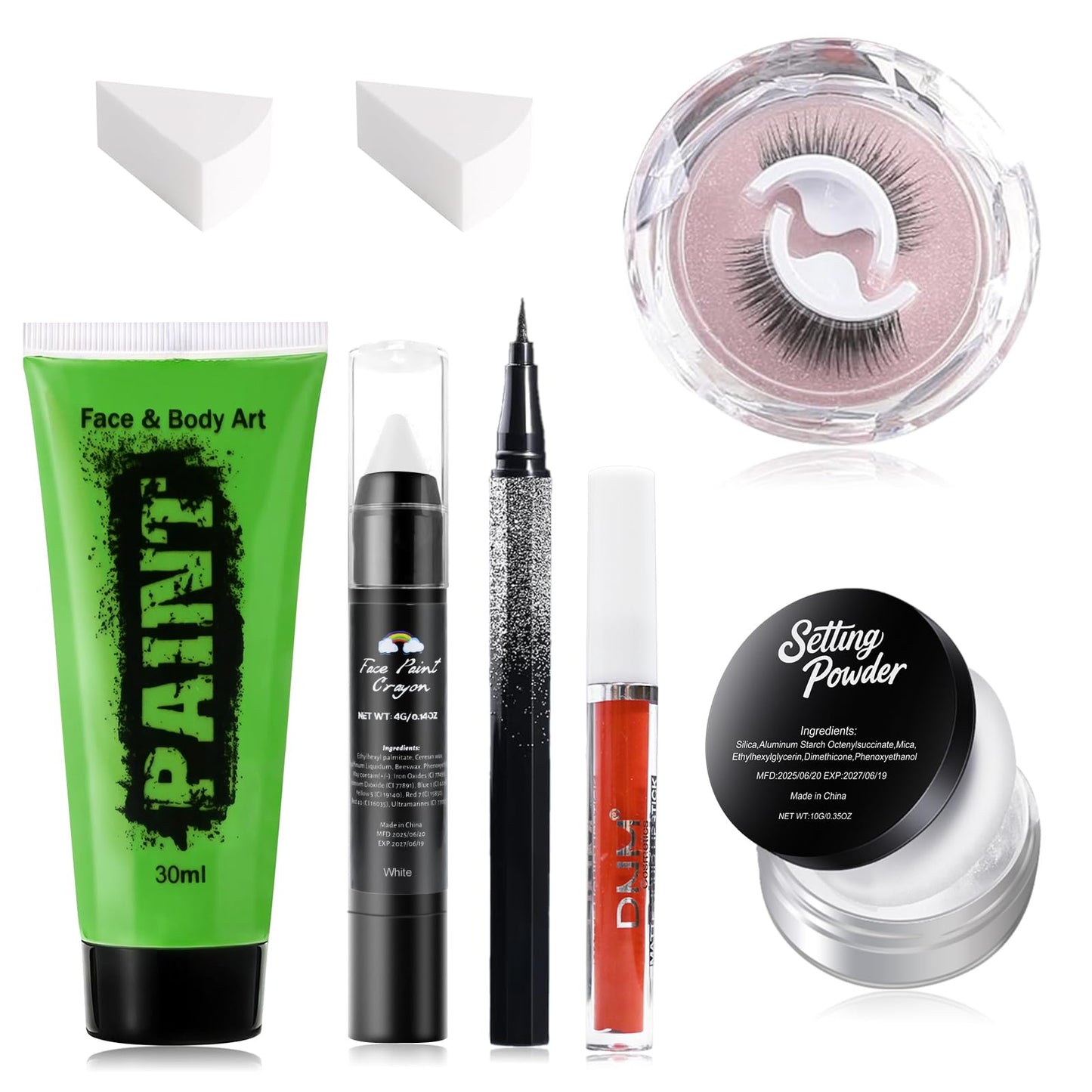 Halloween Witch Makeup Set, Includes Green Face Body Paint, Black Eyeliner, False Eyelashes, Red Lipstick, Setting Powder, Sponge - SFX Face Painting