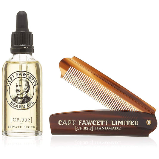 Captain Fawcett's Beard Oil (CF.332) & Folding Pocket Beard Comb (CF.82T) Gift Set - Made in England Beauty and Personal Care CAPTAIN FAWCETT