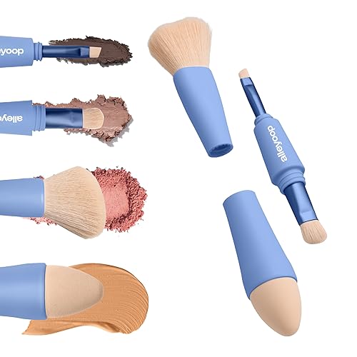 Alleyoop Multi-Tasker 4-in-1 Travel Makeup Brush Set - Compact Makeup Brushes with Blending Sponge, Eyeshadow, Eyebrow & Liner, Blush & Bronzer Brush