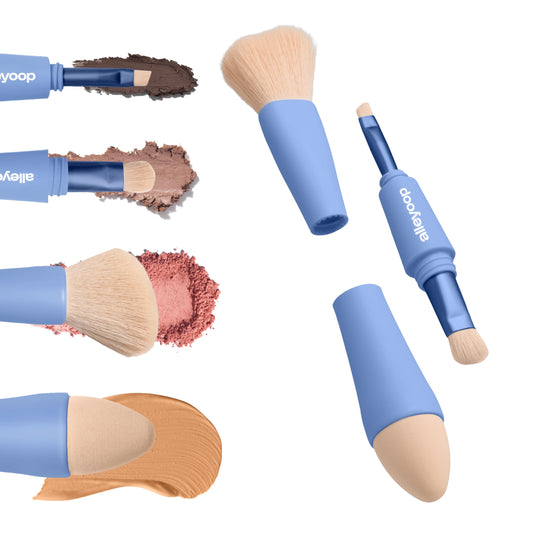 Alleyoop Multi-Tasker 4-in-1 Travel Makeup Brush Set - Compact Makeup Brushes with Blending Sponge, Eyeshadow, Eyebrow & Liner, Blush & Bronzer Brush