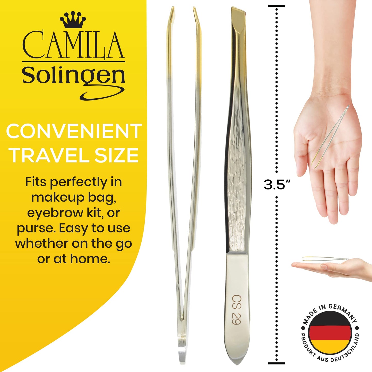Camila Solingen CS29 3 1/2" Gold Tipped, Surgical Grade, German Stainless Steel Tweezers (Slanted) - Flawless Eyebrow and Facial Hair Shaping
