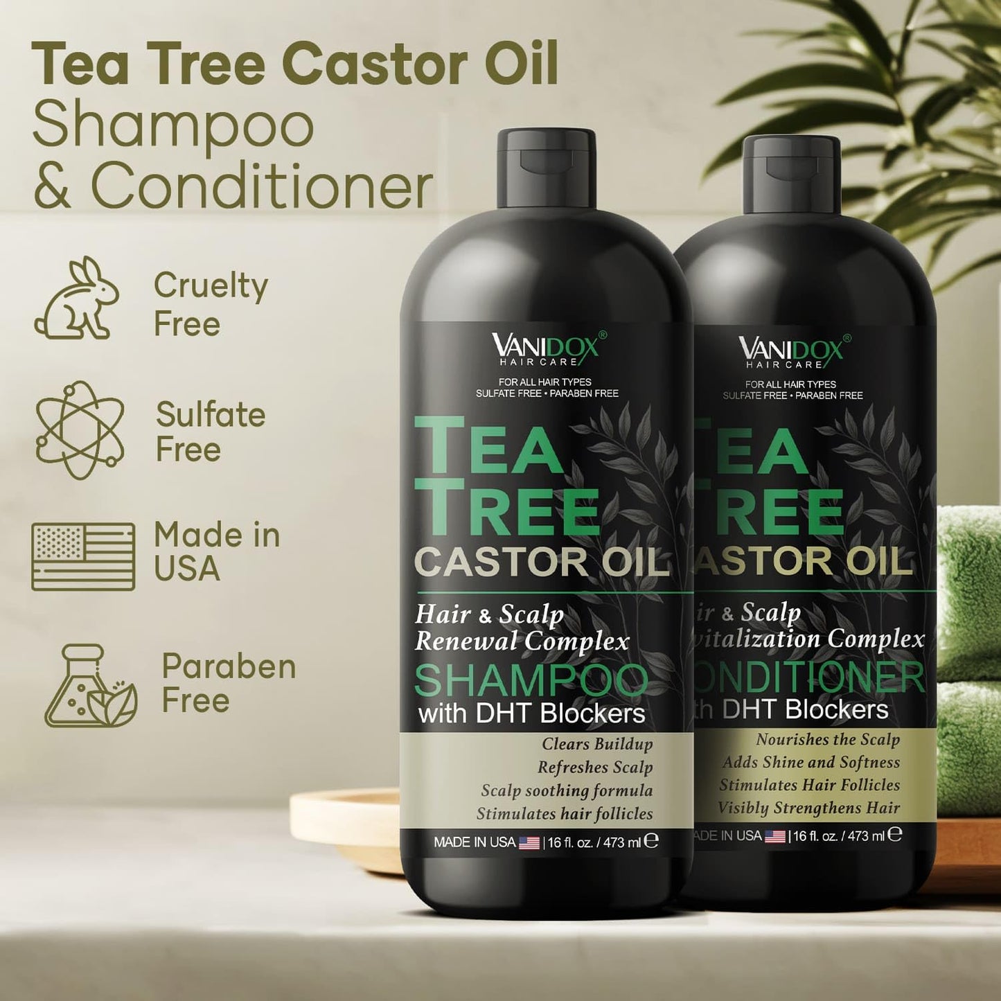 Tea Tree Oil Shampoo and Conditioner Set with Castor Oil, DHT Blockers, Itchy Scalp Relief, Supports Fuller Hair, Cleanses Dandruff & Buildup, For Men