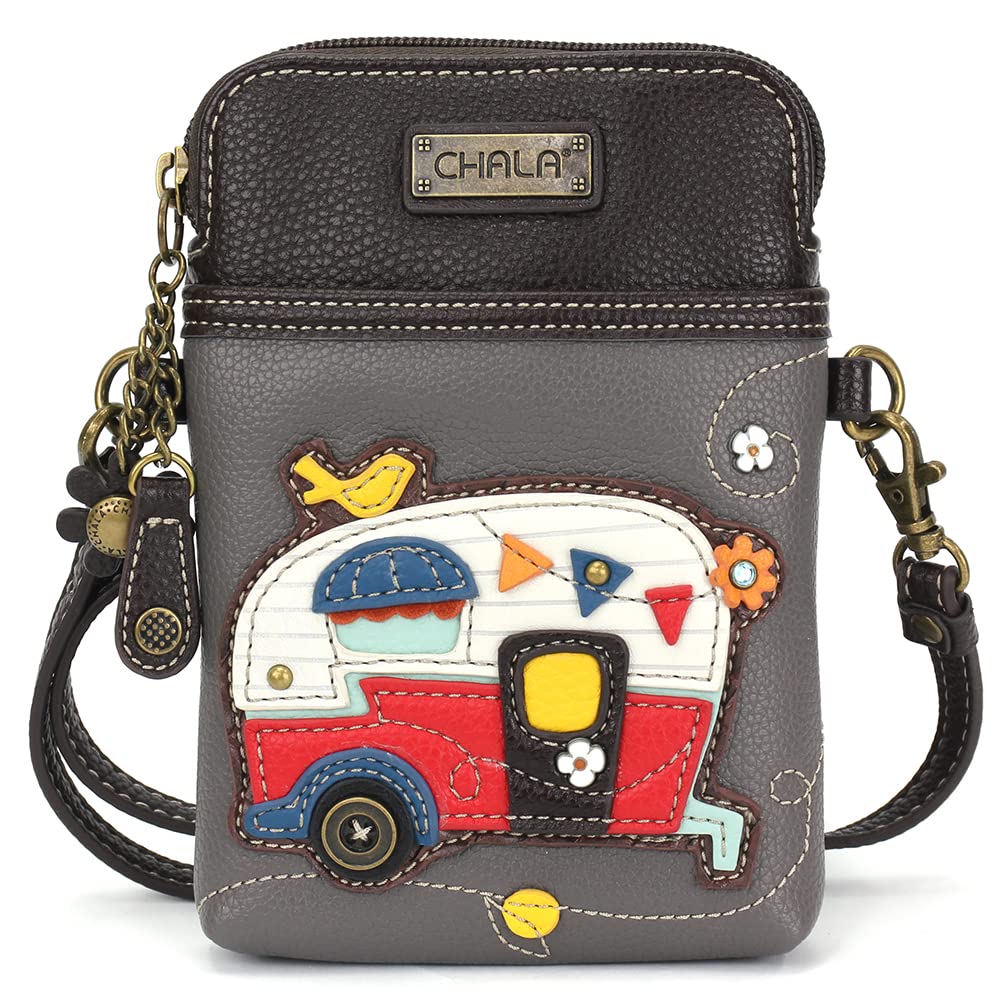 CHALA Adventure Collection Cell Phone Crossbody Purse-Women PU Leather/Canvas Multicolor Handbag with Adjustable Strap - Camper - gray