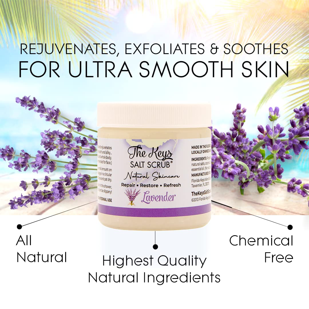 The Keys Salt Scrub - Lavender Sea Salt Scrub - Exfoliating Body Scrub with Wooden Spoon - Moisturizing Exfoliator for Face, Hands, Foot, Bath