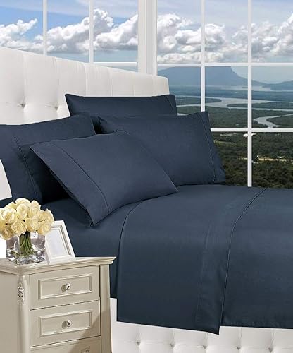 CELINE LINEN Luxurious Bed Sheets Set on Amazon 1800 Premier Hotel Quality Wrinkle Free 4-Piece Sheet Set with Deep Pockets, Queen Navy Blue