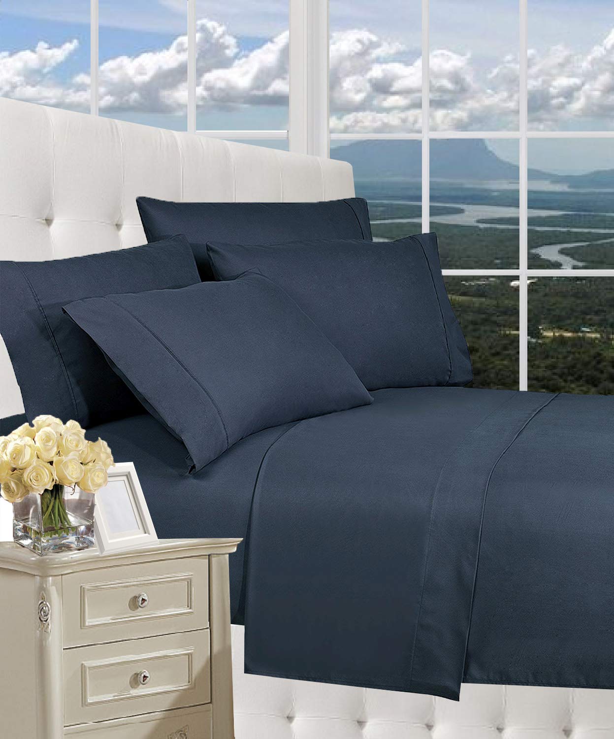 CELINE LINEN Luxurious Bed Sheets Set on Amazon 1800 Premier Hotel Quality Wrinkle Free 4-Piece Sheet Set with Deep Pockets, California King, Navy