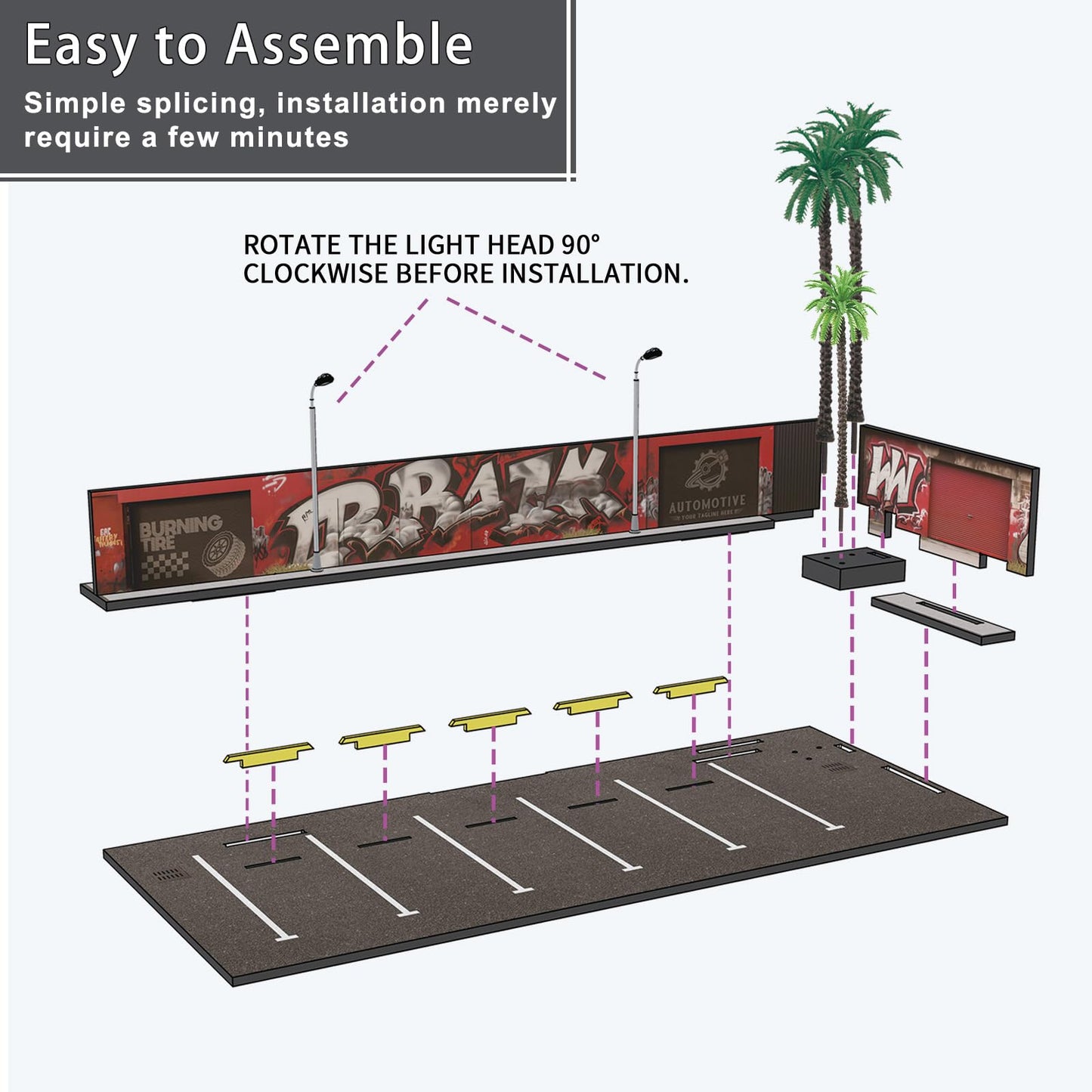 1/64 Diorama Garage, Garage and Display Case for Model Car, Scenic Diorama Display Car Park with 2 LED Street Lamps and 5 Outdoor Parking Spaces
