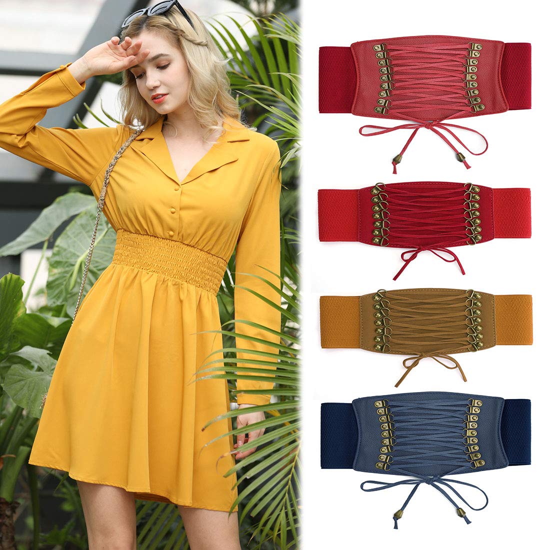 Allegra K Women Stretchy Cinch Waistband Lace Up Corset Belt 7.5CM Width Red-2 One Size