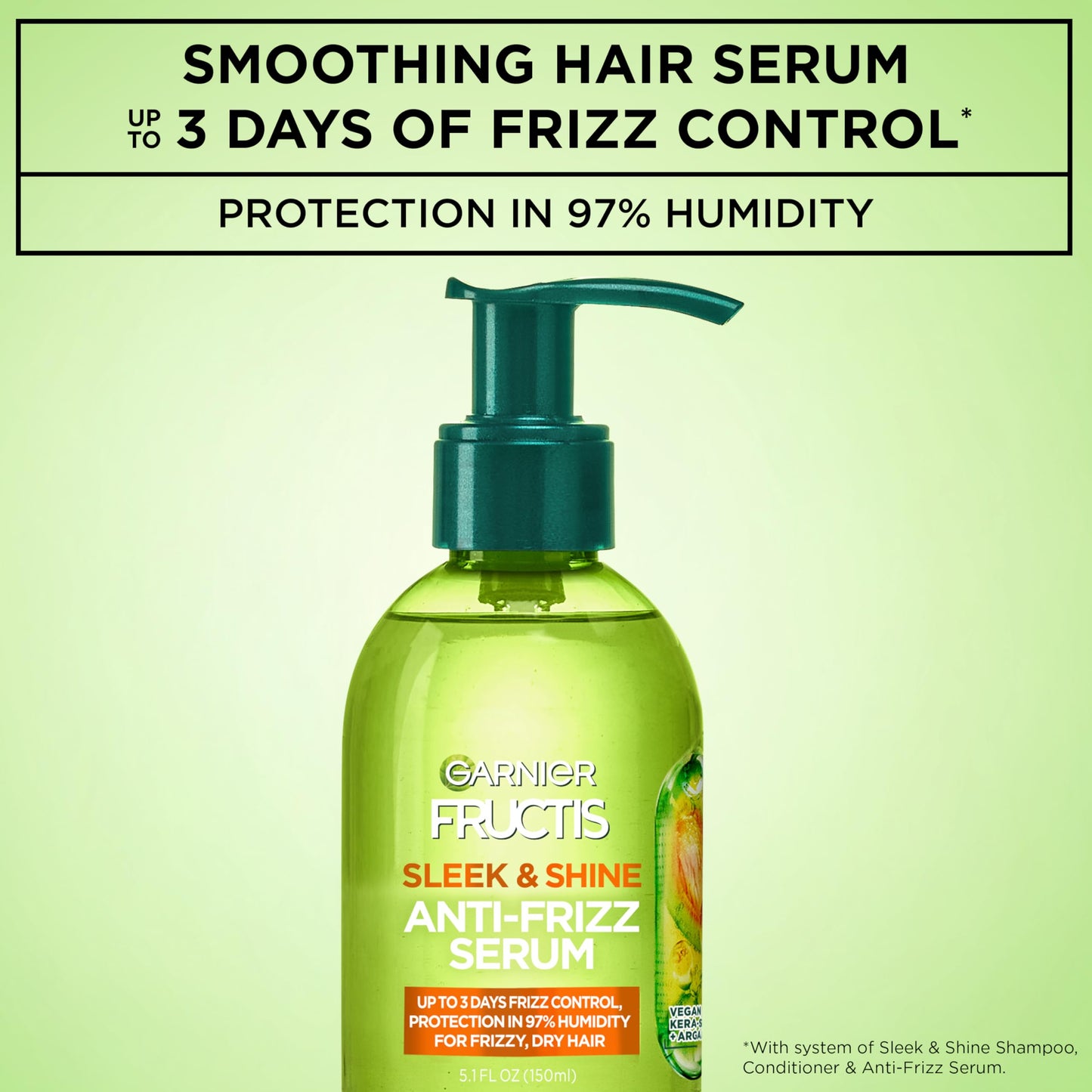 Garnier Fructis Sleek & Shine Anti-Frizz Serum, Leave-In Hair Treatment with Vegan Kera System + Argan Oil, Up to 72HR Frizz Control and Humidity