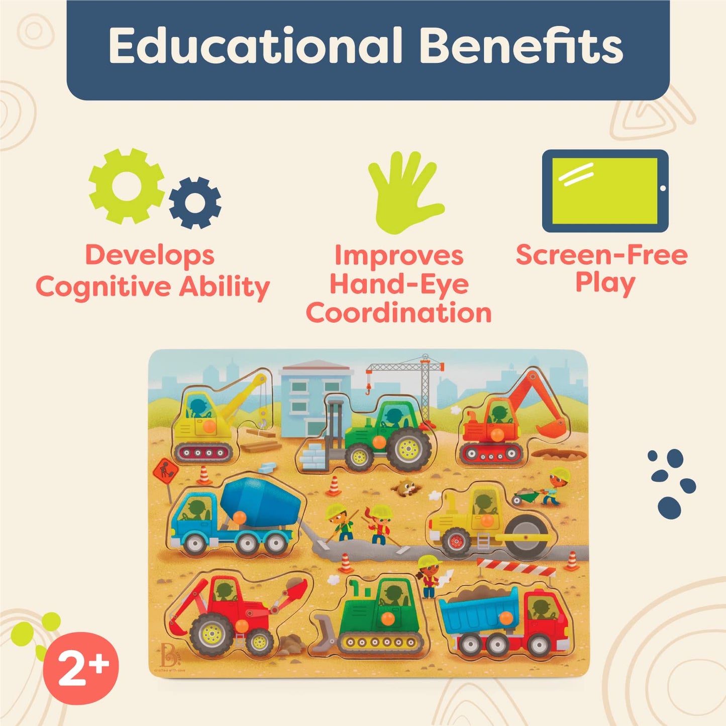 B. toys Peek & Explore Construction Trucks – Wooden Peg Puzzle for Toddlers 2+, 8 Truck Pieces Including Dump Truck, Cement Mixer & Excavator