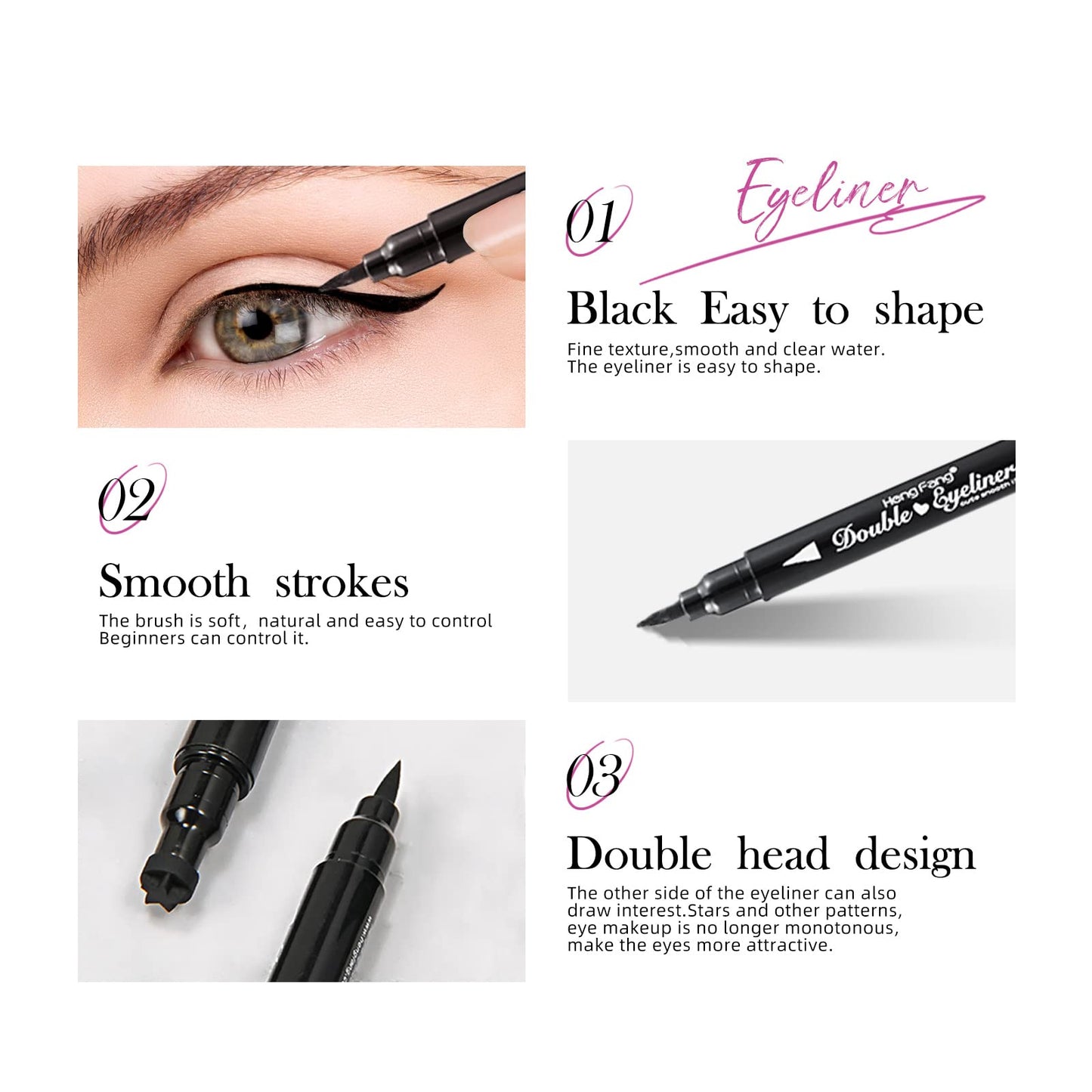LAMUSELAND Eyeliner Stamp Wingliner, Waterproof Smudge-proof Liquid Eye Liner Gel Pen Set, Long Lasting Heart Black Thin Double Ended Pencil Makeup