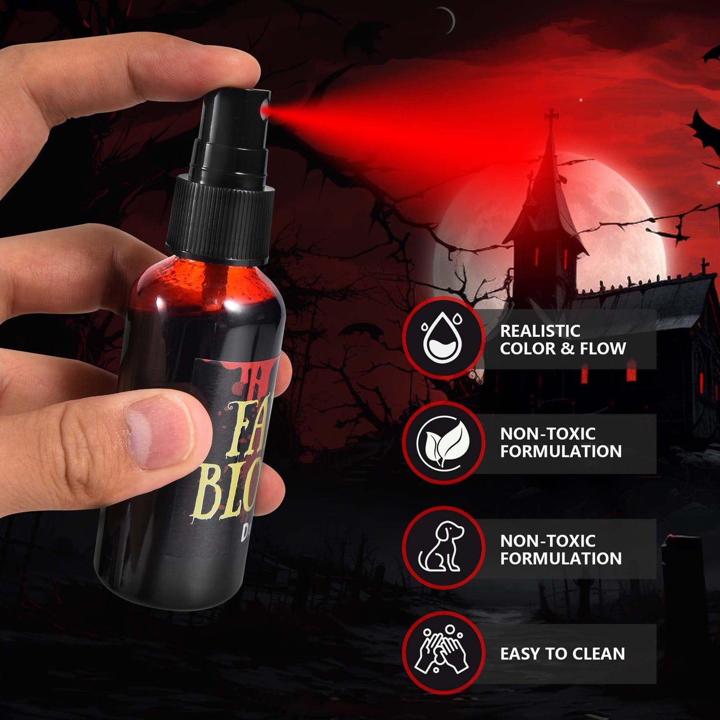 JAYUWE 7 PCS Halloween Fake Blood Spray Makeup Kit - Fake Blood 2.1oz X4 + Coagulated Blood Gel 1.41oz + Soap + Sponge, Washable Blood Paint