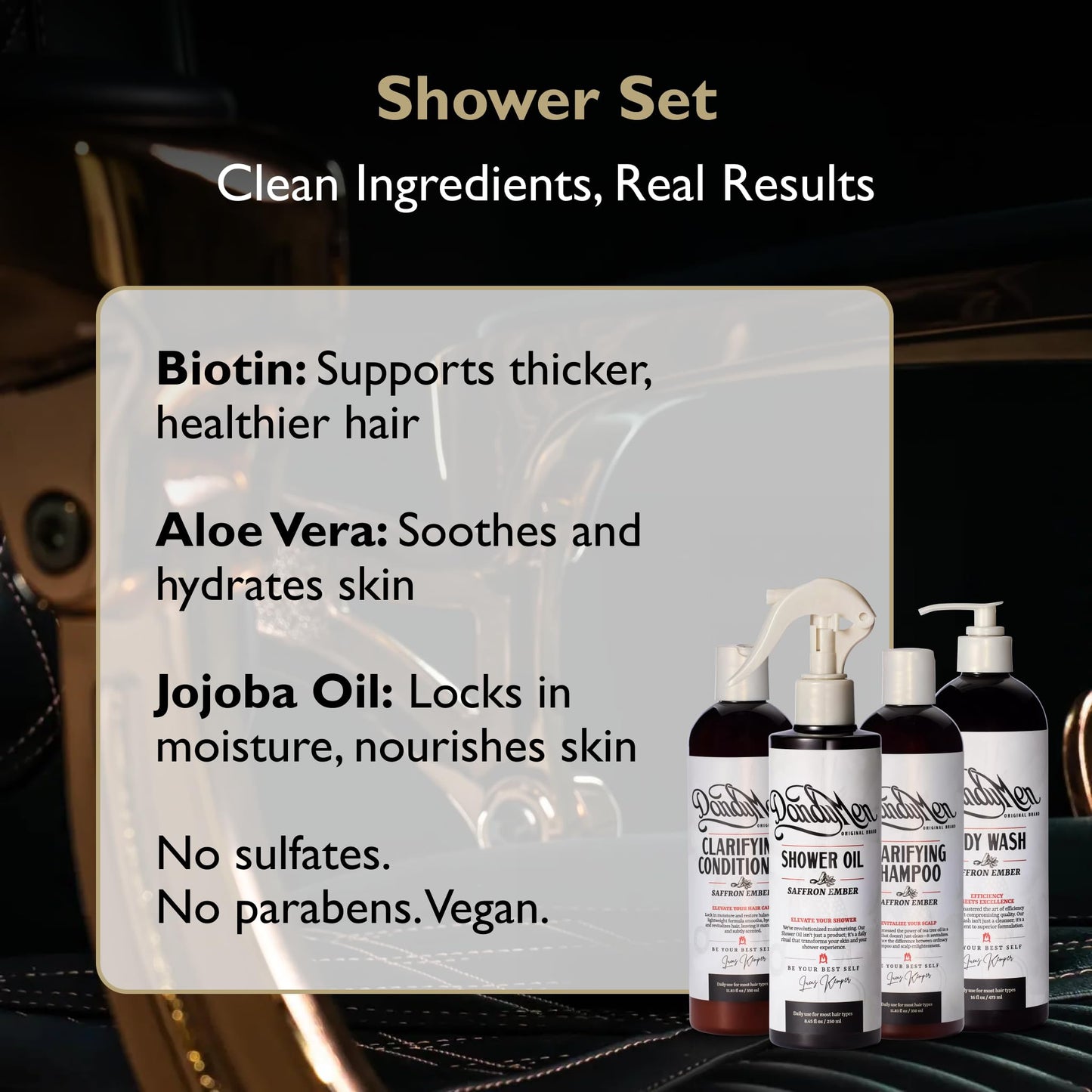DandyMen Men’s Shower Set - Shampoo, Conditioner, Body Wash & Shower Oil - Cleansing & Moisturizing Grooming Kit for Hair & Skin (Saffron Ember)