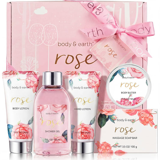 BODY & EARTH Spa Gift Set for Women - Luxurious 5 Pcs Bath and Body Box, Rose Scent, Includes Body Wash, Body Butter, Body Lotion and More, Birthday Beauty & Personal Care BODY & EARTH