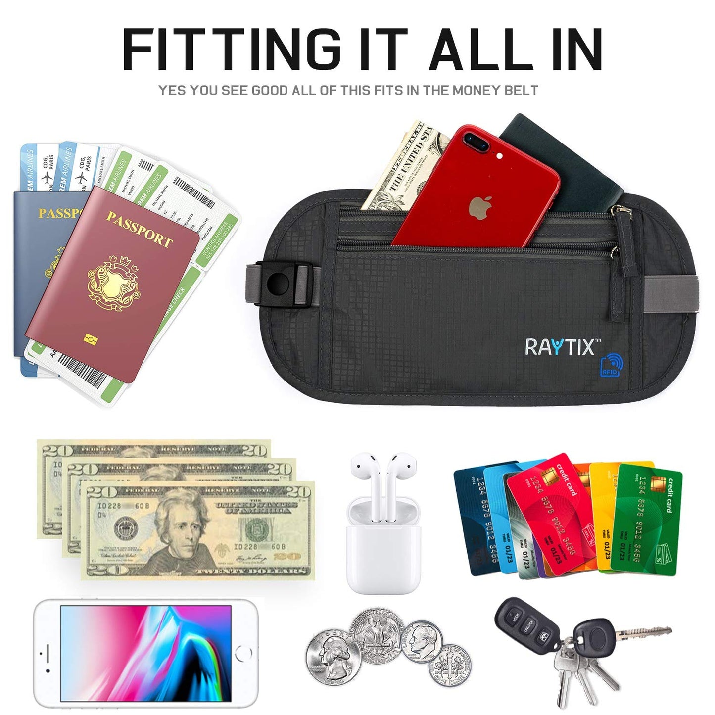 Raytix RFID Blocking Money Belt – Waterproof Hidden Travel Waist Pouch & Passport Holder Wallet for Men & Women, Black