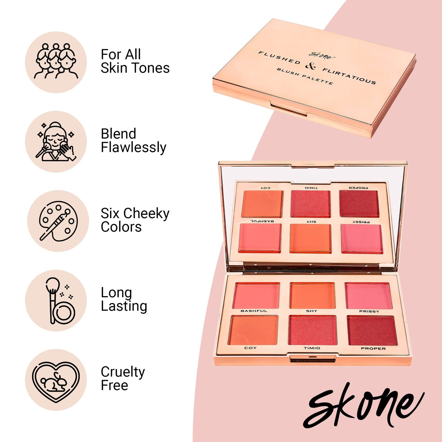 Skone Flushed & Flirtatious Make up Blush Palette - Blush Makeup as Eyeshadow, Blush, Highlighter in One Palette - Matte & Shimmer Glow of Pink