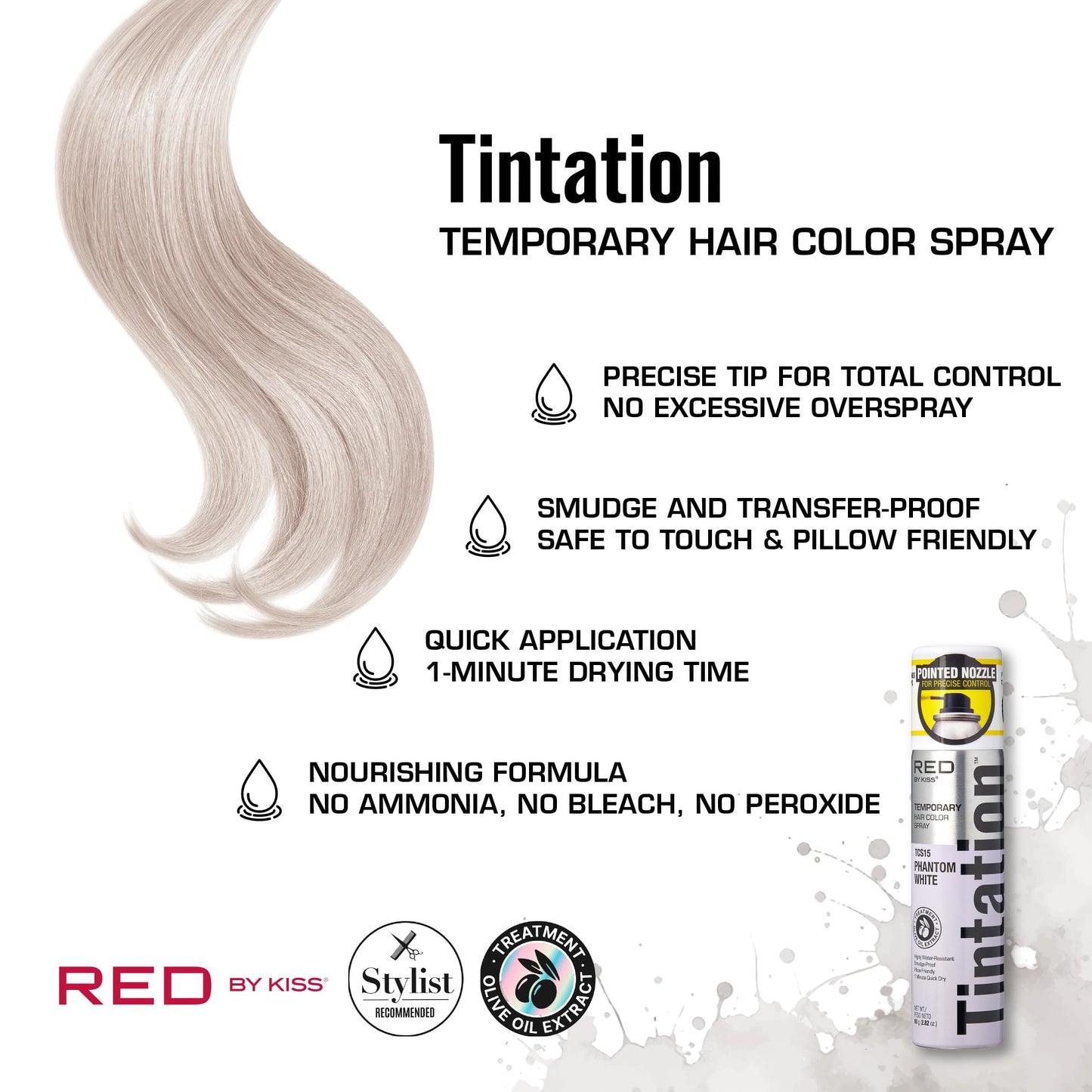 Red by Kiss Tintation Temporary Hair Color Spray 2.82oz, Quick-Dry & Smudge-Proof, Vivid Color Washable Hair Dye, Styling Spray Cosplay Halloween