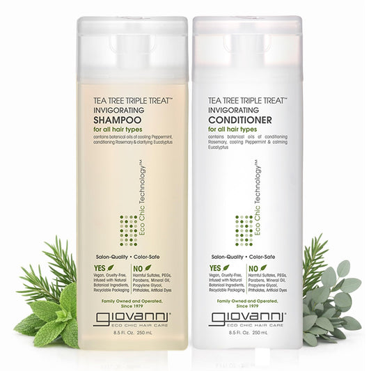 GIOVANNI Tea Tree Triple Treat Invigorating Shampoo & Conditioner Set - Cooling Peppermint, Eucalyptus, Rosemary, Helps Dry, Flaky Scalp, Salon Beauty & Personal Care GIOVANNI