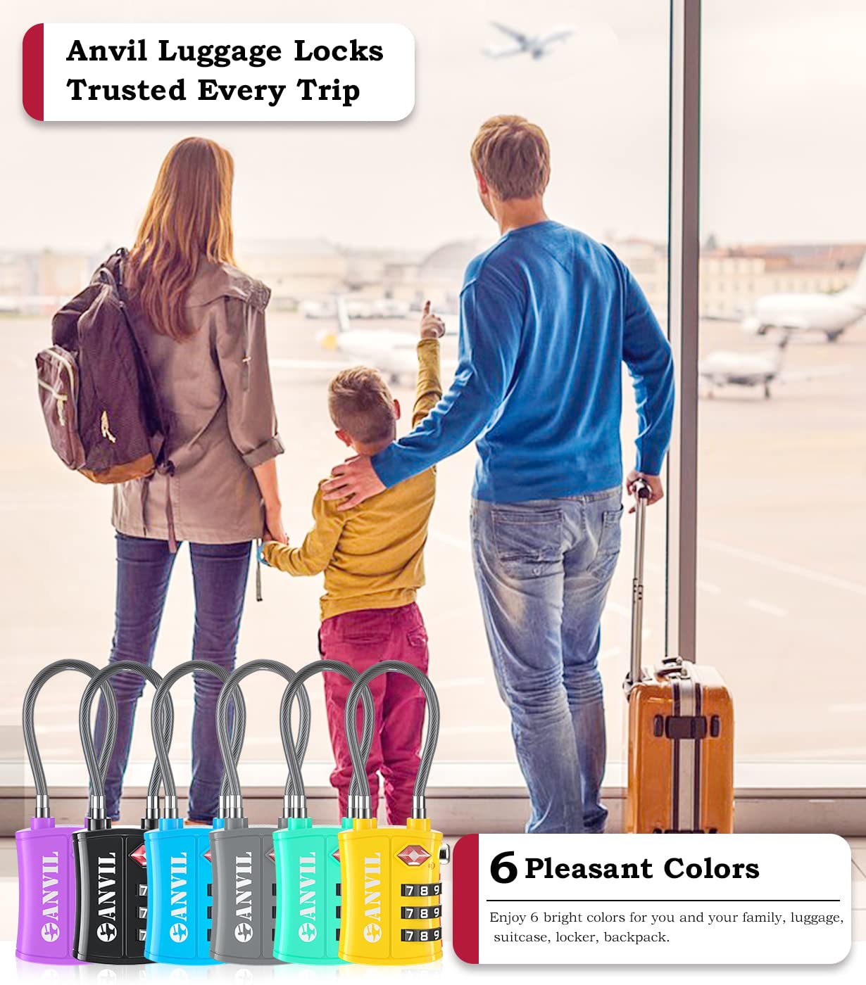 ANVIL TSA Approved Cable Luggage Locks – 3-Digit Combination Travel Padlocks with Zinc Alloy Body for Suitcases, Backpacks & Gun Cases (4 Colors)