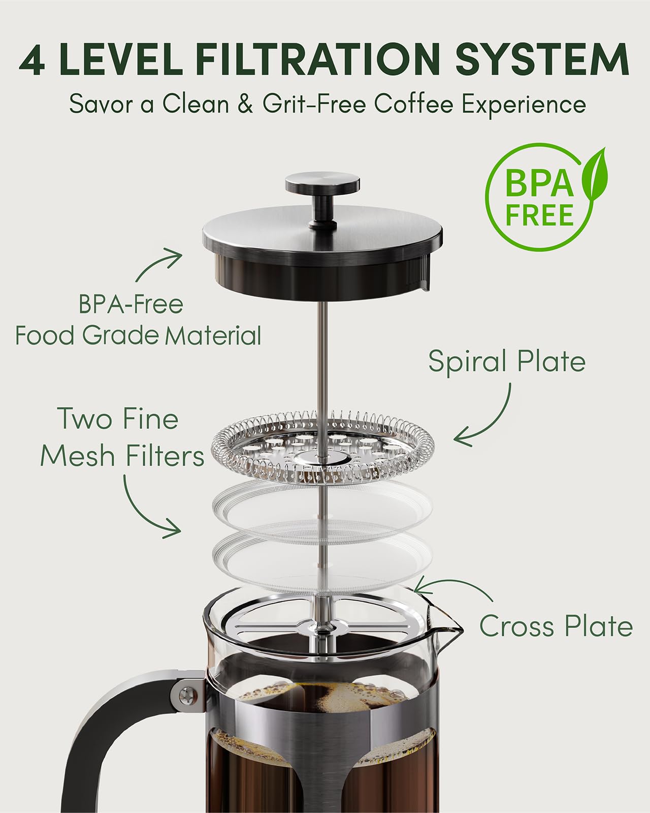 BAYKA 34oz French Press Coffee Maker – Borosilicate Glass & Stainless Steel, Large Portable Cold Brew Cafetera for Kitchen & Travel, Dark Pewter