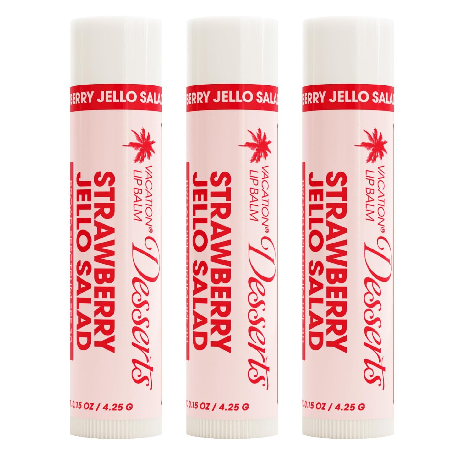 Vacation Strawberry Jello Salad SPF 30 Lip Balm, Hydrating Sunscreen for Lips, Water-Resistant, Lightweight, Transparent Sheen, Vegan Formula Made