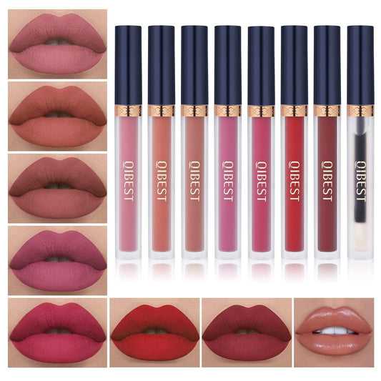 QiBest 7Pcs Matte Liquid Lipstick + 1Pcs Lip Plumper Makeup Set Kit, Pigmented Long Lasting Lip Gloss Set, Velvet Waterproof Halloween Lip Makeup