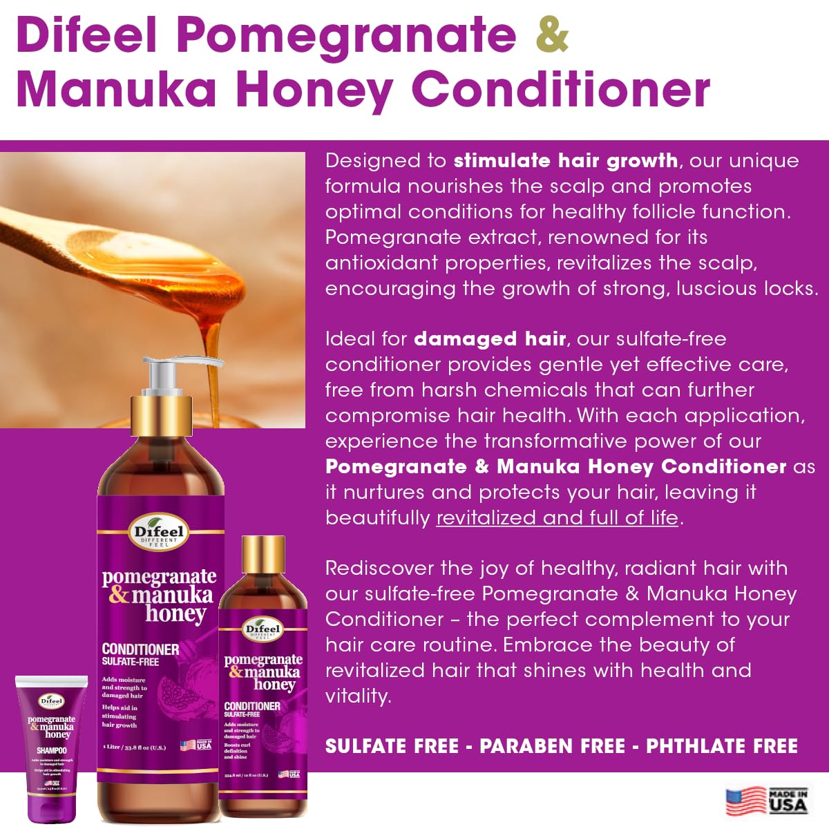 Difeel Pomegranate & Manuka Honey Hair Care Set - 12oz Shampoo, 12oz Conditioner, 8oz Leave-in Spray, 2.5oz Hair Oil