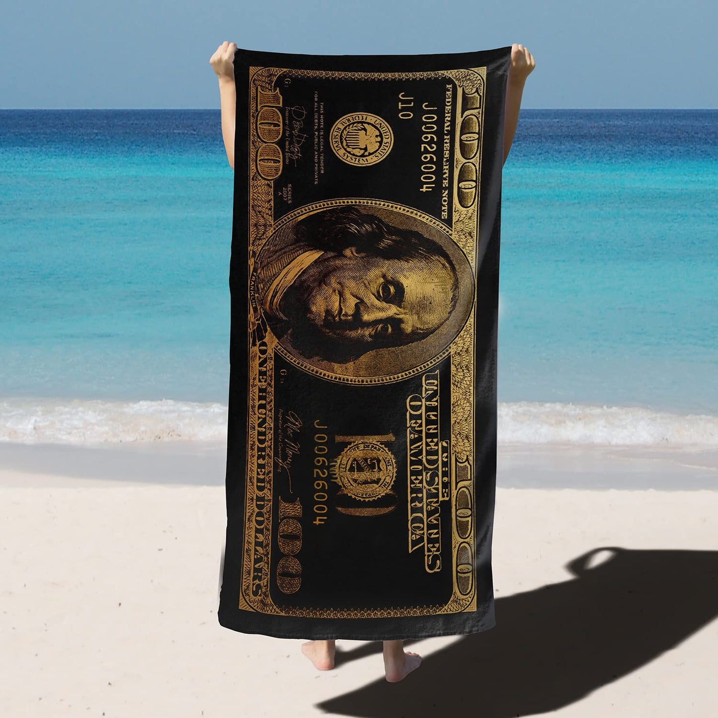 GUBIYU Black and Gold 100 Dollar Bill Beach Towels for Adults Funny Money Beach Towel for Mens Quick Dry Towel Oversize 31"x63" 270GSM…
